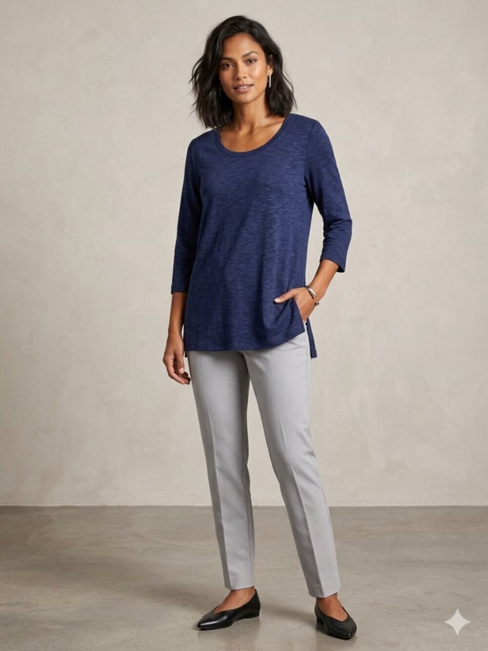 Chico's Women's Size X-Large Blue 3/4 Sleeve Scoop Neck High Low Tunic Top